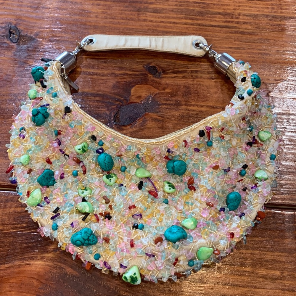 Vintage Satin Crescent Beaded Embellished Handbag Faux Turquoise